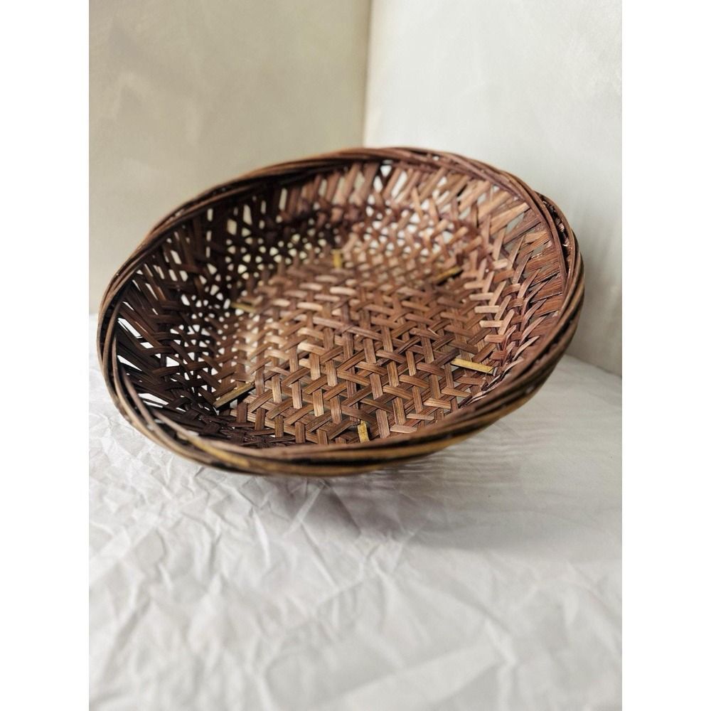 Vtg Large Burgundy Color Basket/Bowl Natural Woven Rustic Decor Farmhouse Wall